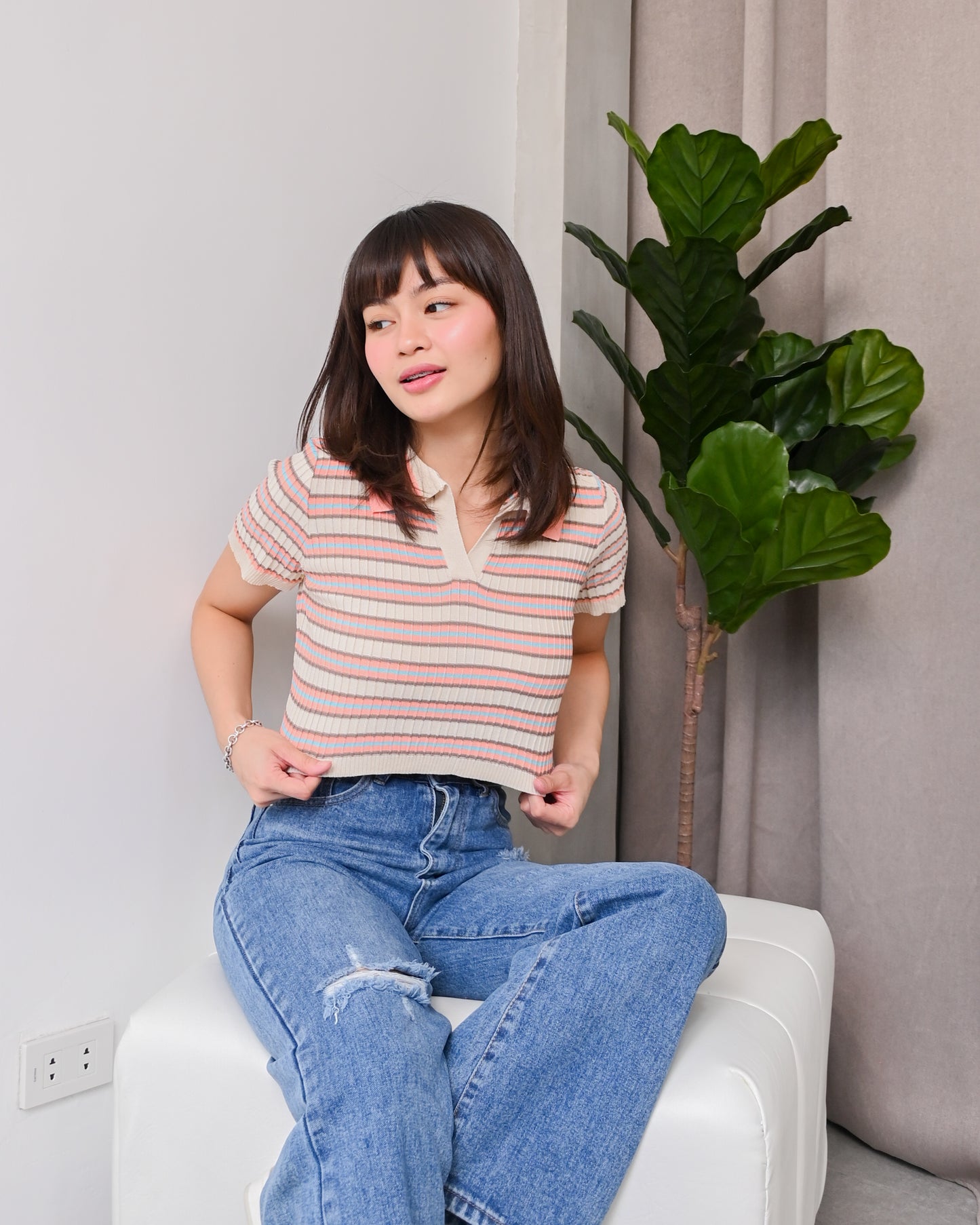 Natalie Knit Striped Collared Crop Top