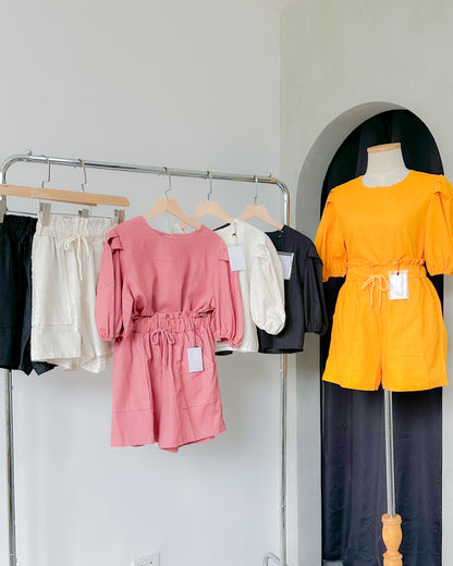 Caryl Linen Style Puff Sleeve Coord Set