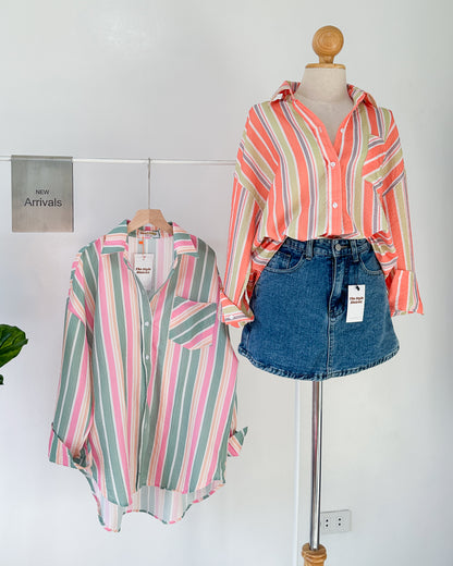 Pochi Striped Oversized Button-Up Shirt with Pocket Detail